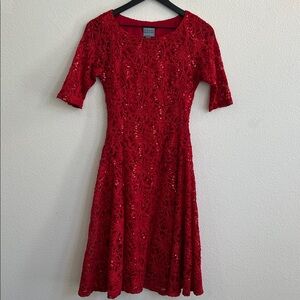 RABBIT DESIGNS Fit & Flare Lace Sequin Midi Dress Bright Red Women's Size S